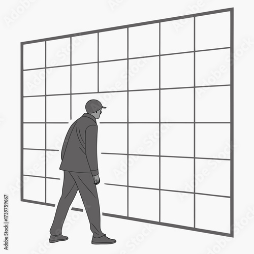 A man in a cap and suit walks towards a large grid of empty squares representing a blank canvas for ideas planning or future possibilities