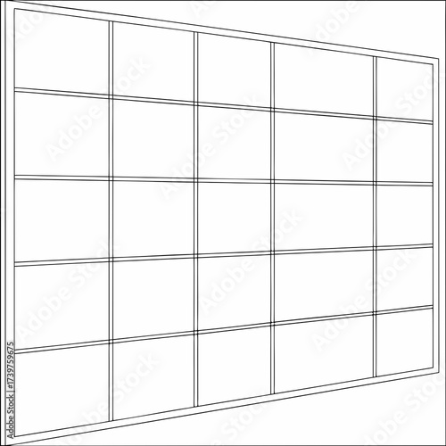 A clean minimalist line art illustration of a large grid structure with many rectangular panels creating a modern architectural facade or background with perspective