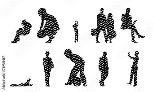 Vector illustration, Outline silhouettes of people, Contour drawing, people silhouette, Icon Set Isolated , Silhouette of sitting people, Architectural set