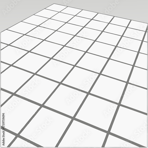 A clean minimalist perspective view of a white tiled floor with dark grey grout lines receding into the distance creating a sense of depth and order