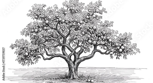 Intricate ink drawing of an apple tree laden with fruit and leaves