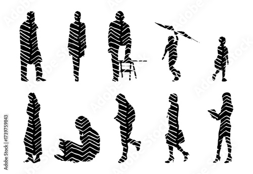 Vector illustration, Outline silhouettes of people, Contour drawing, people silhouette, Icon Set Isolated , Silhouette of sitting people, Architectural set