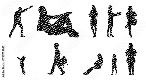 Vector illustration, Outline silhouettes of people, Contour drawing, people silhouette, Icon Set Isolated , Silhouette of sitting people, Architectural set