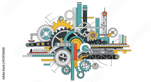 Colorful Industrial Gears and Conveyor Belt System Illustration for Automation and Engineering Concepts, Flat Vector Elements, Vector Illustration, Simple Vector, Stylized Vector Drawing, Vector