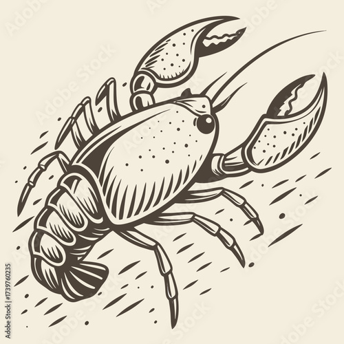 A detailed vintage style illustration of a crawfish or lobster in brown tones against a cream background with abstract water elements suggesting movement and aquatic life