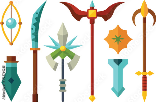 Fantasy weapon and magic item collection vector icons for game assets and illustration