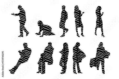 Vector illustration, Outline silhouettes of people, Contour drawing, people silhouette, Icon Set Isolated , Silhouette of sitting people, Architectural set