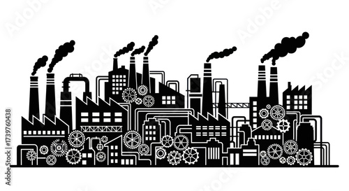 Industrial complex silhouette with smokestacks and gears illustration on a white background, symbolizing manufacturing, energy production, and the mechanical aspects of industry., Flat Vector