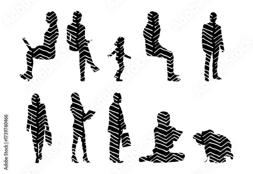 Vector illustration, Outline silhouettes of people, Contour drawing, people silhouette, Icon Set Isolated , Silhouette of sitting people, Architectural set
