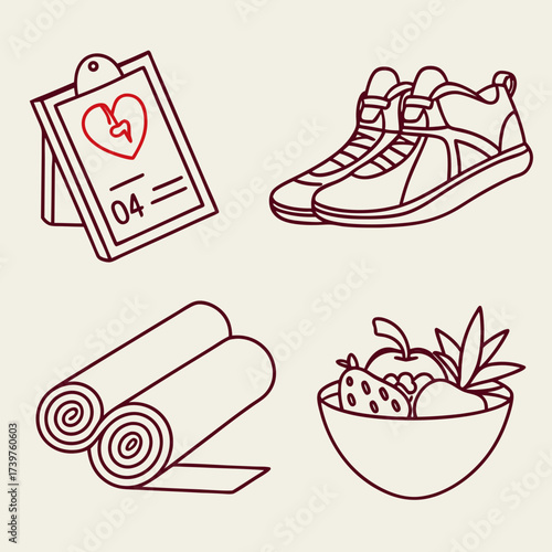 Healthy lifestyle icons including a heart rate monitor on a clipboard athletic shoes rolled yoga mats and a bowl of fresh fruit representing wellness and fitness