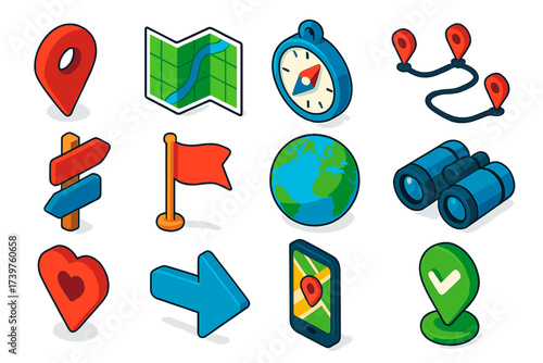 Navigation Icon Set. Isometric vector illustration set of navigation and location icons: red pointer icon, folded travel map,