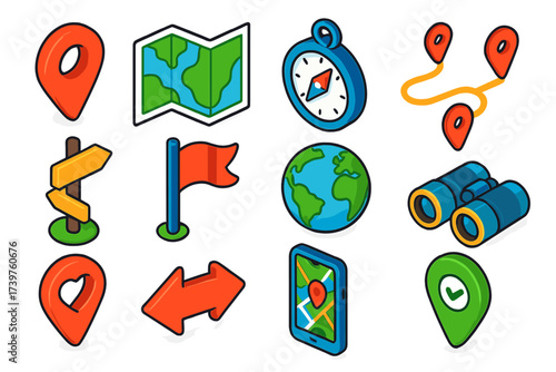 Navigation Icon Set. Isometric vector illustration set of navigation and location icons: red pointer icon, folded travel map,
