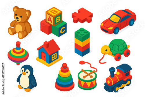 Colorful Toy Icons. Isometric vector illustration set of toys icons: cute bear plush, wooden letter cubes, puzzle connector, toy