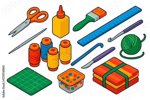 Craft Tools Icons. Isometric vector illustration set of crafts tools and materials icons: sewing scissors, squeeze glue bottle,