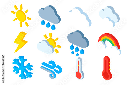 Vibrant Weather Icons. Isometric vector illustration set of weather icons: bright sun, rainy cloud, yellow lightning bolt, cumulus