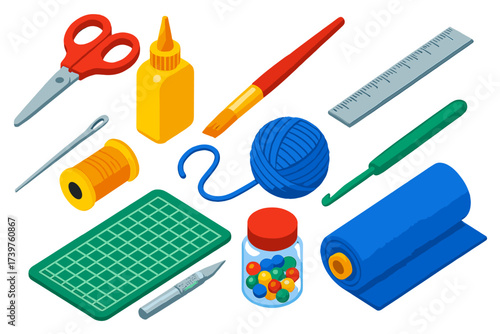 Craft Tools Icons. Isometric vector illustration set of crafts tools and materials icons: craft scissor set, glue applicator