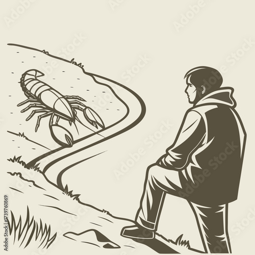 A lone person wearing a jacket and pants sits on a grassy embankment observing a large crayfish in a body of water with a winding path nearby
