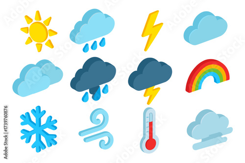 Colorful Weather Icons. Isometric vector illustration set of weather icons: golden bright sun, light shower rain cloud, yellow