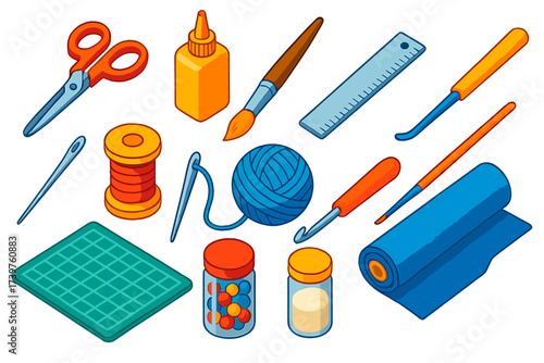 Craft Tools Icons. Isometric vector illustration set of crafts tools and materials icons: craft scissor set, glue applicator