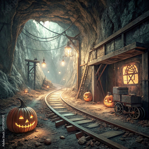 Spooky Halloween pumpkins illuminate a mysterious tunnel with winding train tracks, creating an eerie and captivating atmosphere for haunted holiday adventures