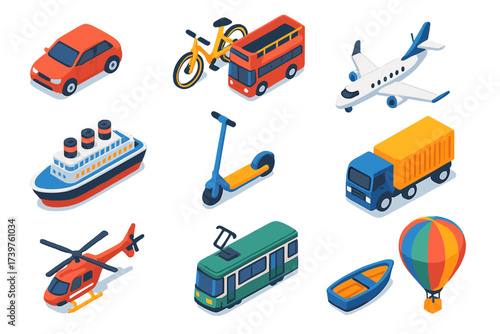 Vibrant Transportation Icons. Isometric vector illustration set of transportation icons: compact hatchback, urban city bike,