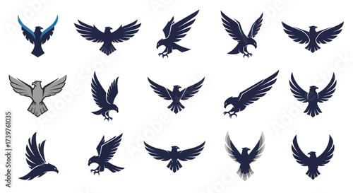 Collection of Modern Eagle and Hawk Logos and Emblems, Stylized Flying Birds of Prey with Spread Wings and Dynamic Poses, Perfect for Branding, Sports, and Corporate Identity Designs, Flat Vector