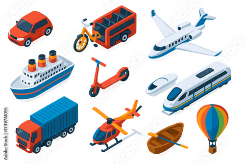 Vibrant Transportation Icons. Isometric vector illustration set of transportation icons: compact hatchback, urban city bike,