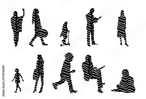 Vector illustration, Outline silhouettes of people, Contour drawing, people silhouette, Icon Set Isolated , Silhouette of sitting people, Architectural set