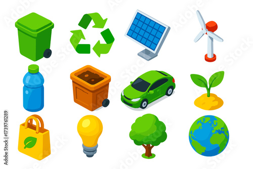 Sustainable Icons Set. Isometric vector illustration set of recycling and sustainability icons: separate waste bin, recycle logo