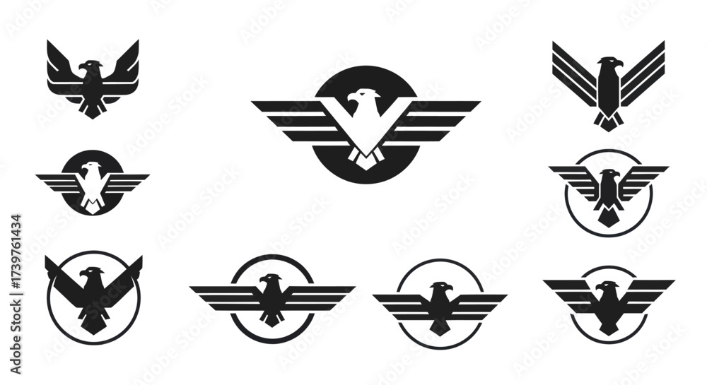 Fototapeta premium Collection of Stylized Black and White Eagle and Phoenix Logos on White Background, Featuring Geometric, Minimalist, and Modern Avian Emblems for Branding and Design Projects, Flat Vector Elements,