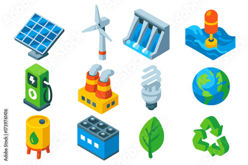 Eco Energy Icons. Isometric vector illustration set of renewable energy and eco-friendly icons: solar cell panel, large wind