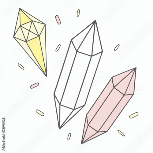 A whimsical collection of three faceted crystals one yellow one pink and one outlined in black floating in a white space with scattered pastel oval shapes