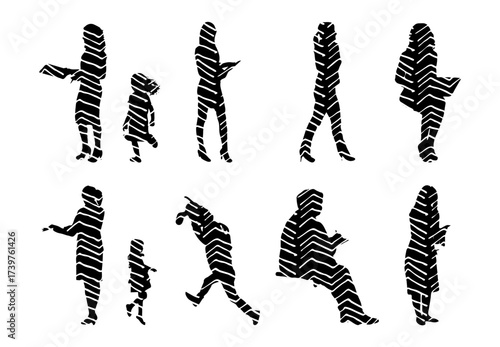 Vector illustration, Outline silhouettes of people, Contour drawing, people silhouette, Icon Set Isolated , Silhouette of sitting people, Architectural set