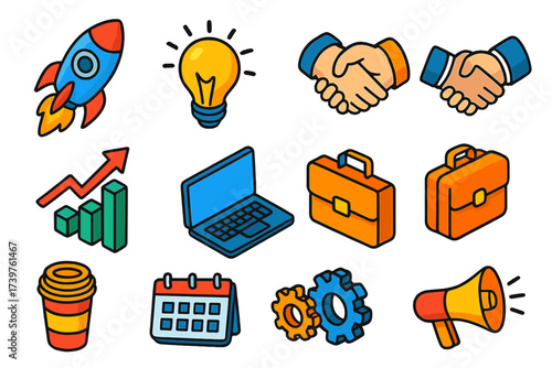 Startup Doodle Icons. Isometric vector illustration set of startup and business doodle icons: creative rocket, lit bulb, arrow
