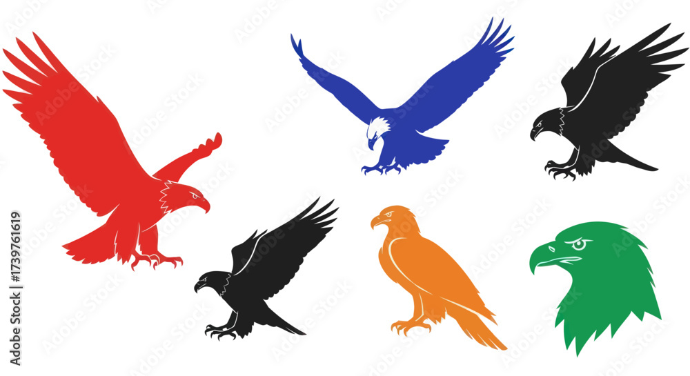 Obraz premium Dynamic Red and Black Eagle Silhouettes on White Background, Powerful Birds of Prey Vector Illustration for Design and Symbolism, Flat Vector Elements, Vector Illustration, Simple Vector, Stylized