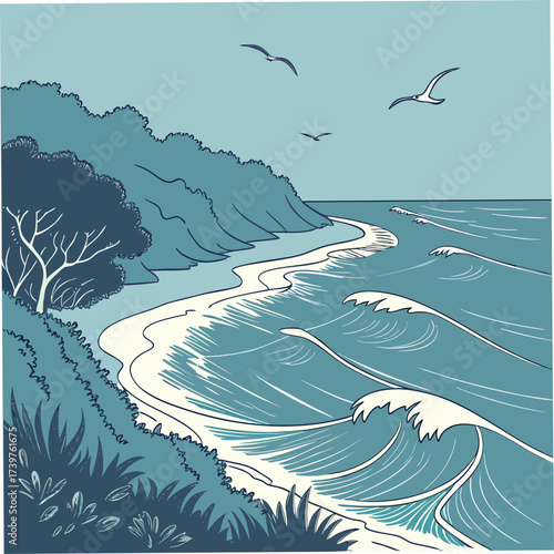 Stylized illustration of a serene coastal landscape with rolling blue waves crashing onto a sandy beach bordered by lush green foliage and distant hills under a clear sky with soaring seagulls