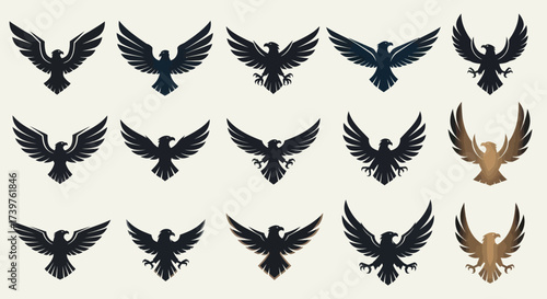 Diverse collection of powerful eagle logos and emblems, featuring various stylized of prey silhouettes with outstretched wings in flight, suitable for branding, sports, and heraldic designs., Flat