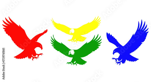 Dynamic Red Eagle Silhouette with Yellow and Green Wings Isolated on White Background - Powerful of Prey Graphic Design, Flat Vector Elements, Vector Illustration, Simple Vector, Stylized Vector