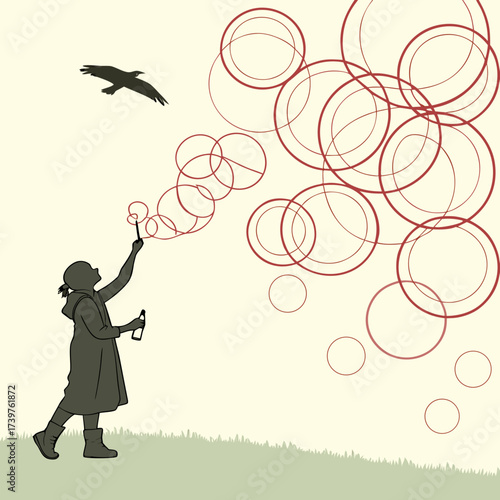 A child blowing bubbles on a grassy hill with a bird flying overhead and abstract red circles floating in the sky