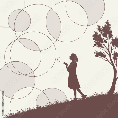 Silhouette of a young girl blowing bubbles on a grassy hill next to a tree with abstract circles in the background representing dreams and imagination
