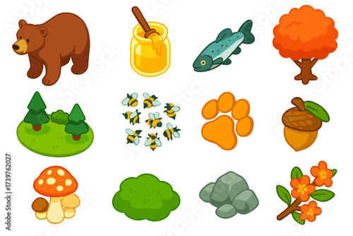 Forest Icons Collection. Isometric vector illustration set featuring bear, honey jar with dipper, river fish, maple tree, forest