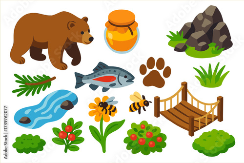 Nature Icon Set. Isometric vector illustration set featuring bear, honey jar with lid, trout catch, cedar branch, flowing stream,