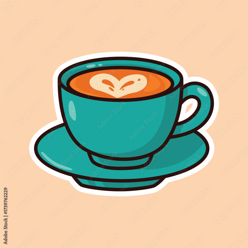 Obraz premium Latte Art Coffee Cup Illustration in Blue Mug for Barista Cafe Culture and Fresh Morning Beverage
