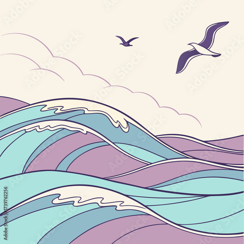Stylized illustration of rolling ocean waves in pastel blue and purple hues with two seagulls soaring gracefully against a soft cream sky and subtle cloud outlines
