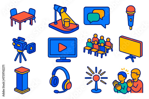 Event Icons Showcase. Isometric vector illustration set featuring host table, keynote spotlight stage, chat icon panel, tabletop
