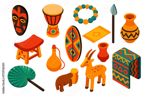 African Cultural Icons. Isometric vector illustration set featuring African mask, drum, bead necklace, tribal spear, shield,