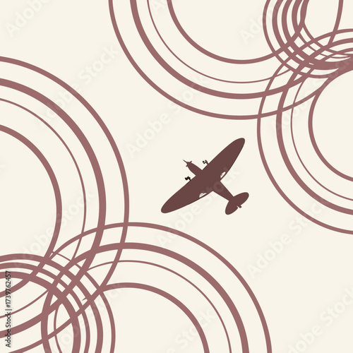 Iconic silhouette of a vintage spitfire airplane flying through abstract swirling circles on a cream background representing aviation history and retro design
