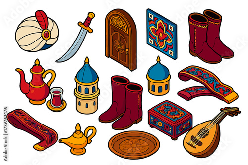 Ottoman Cultural Icons. Isometric vector illustration set featuring Ottoman turban, curved sword, ornate door, mosaic tile, tea