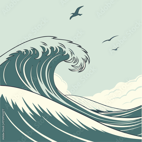 Stylized illustration of a large powerful ocean wave cresting under a serene sky with two seagulls flying gracefully above the water s surface