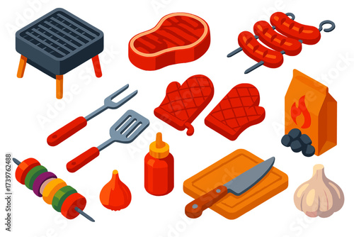 Grill Tools & Foods. Isometric vector illustration set featuring square grill, rib steak, sausages on skewer, grill fork, slotted